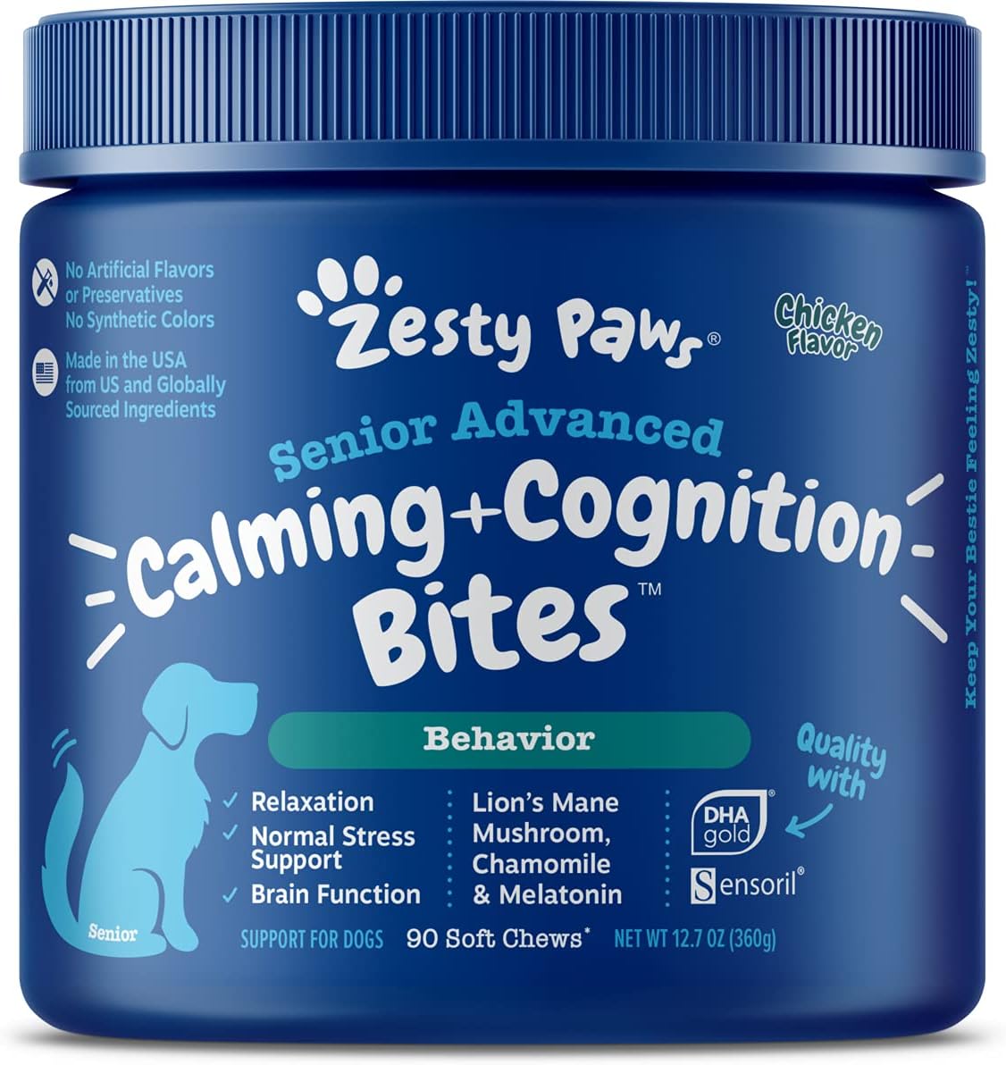 Zesty Paws Senior Advanced Calming & Cognition Dog Supplements Chicken 90 Soft Chews