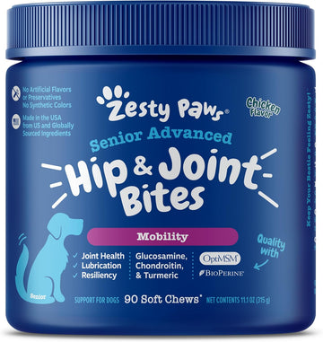 Zesty Paws Senior Advanced Hip & Joint Bites Dog Supplements Chicken 90 Soft Chews