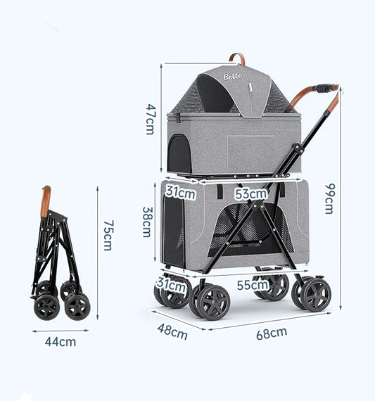 Bello Double Decker Pet Stroller with Detachable Carrier - Blue | Grey