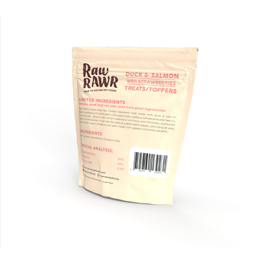 Raw Rawr Treats Duck & Salmon with Strawberries | Kangaroo with Blueberries 50g